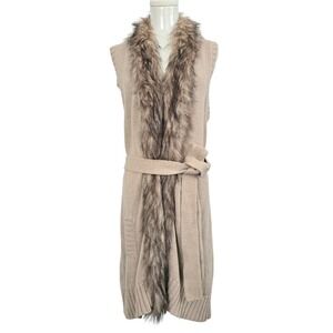 RXB Womens Tan Knit Longline Vest Faux Fur Collar Belted Sleeveless Cardigan SL